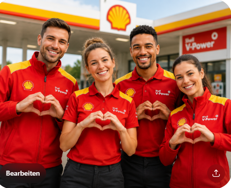 KI-generiertes Teamfoto in Shell-inspirierter Berufskleidung